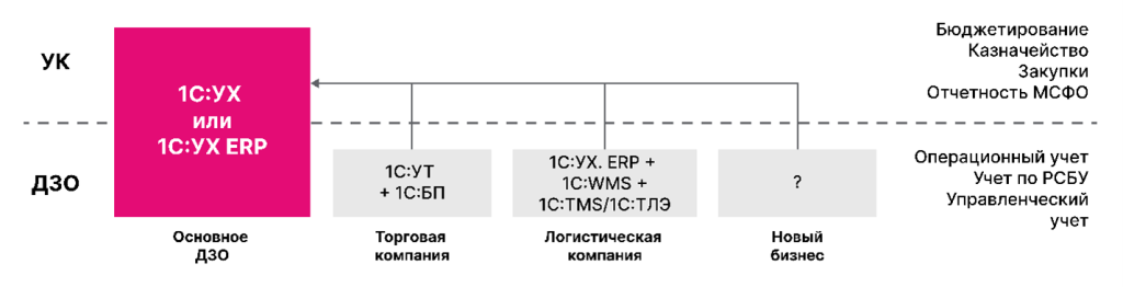 Архитектура внедрения для одного крупного и нескольких небольших ДЗО